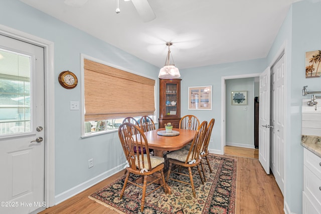 dining space featuring ceiling fan and light wood-type flooring