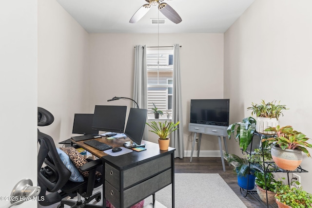 office featuring ceiling fan and dark wood-type flooring