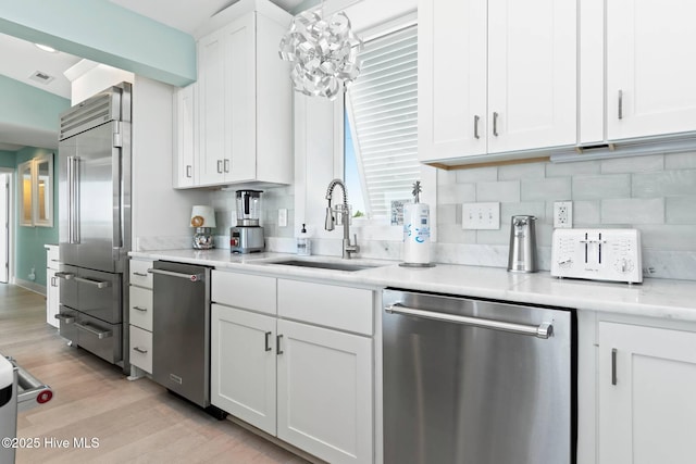 kitchen featuring backsplash, sink, appliances with stainless steel finishes, light hardwood / wood-style floors, and white cabinetry