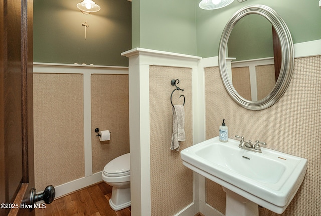 bathroom with toilet, sink, and hardwood / wood-style flooring