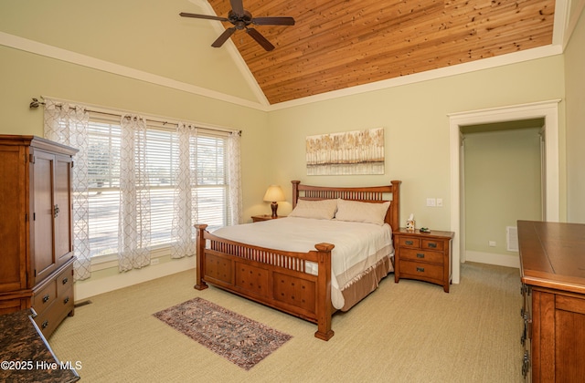 bedroom featuring ceiling fan, wooden ceiling, high vaulted ceiling, and light carpet