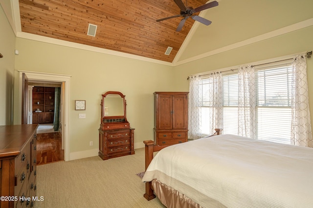 bedroom featuring ceiling fan, light carpet, high vaulted ceiling, and wooden ceiling