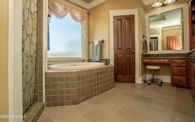 bathroom with tile patterned flooring, ornamental molding, and shower with separate bathtub