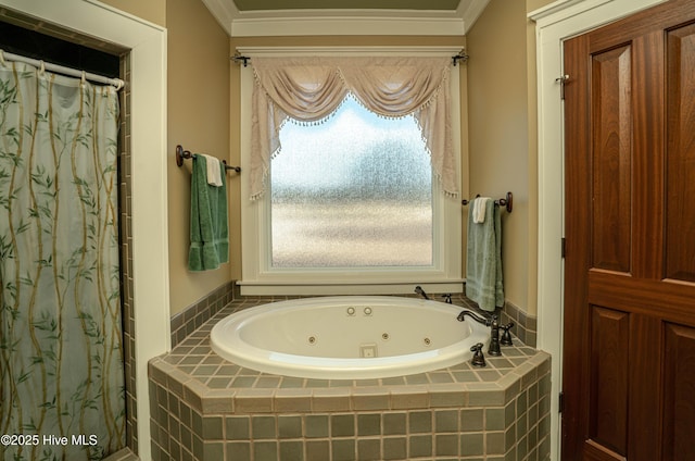 bathroom featuring ornamental molding and plus walk in shower