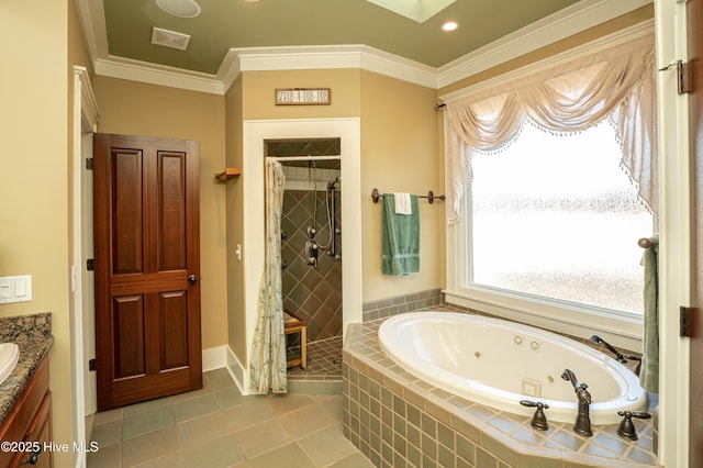 bathroom featuring vanity, tile patterned flooring, crown molding, and shower with separate bathtub