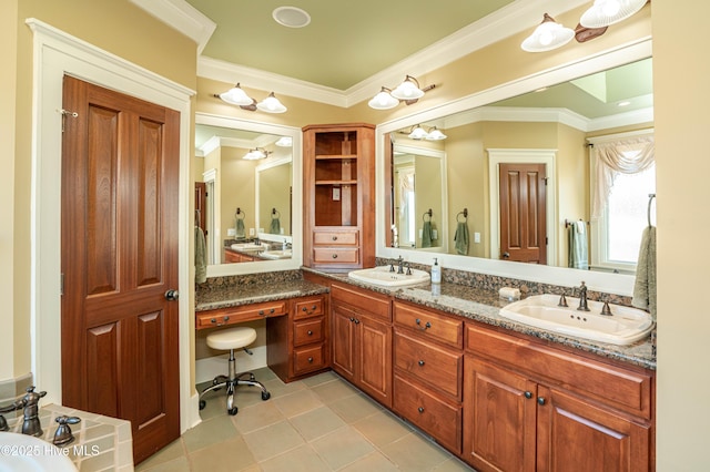 bathroom featuring tile patterned floors, vanity, and crown molding