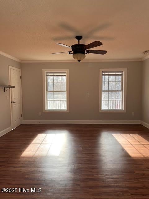 spare room featuring ornamental molding, plenty of natural light, baseboards, and wood finished floors