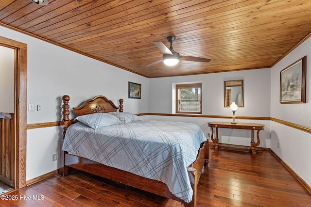 bedroom featuring hardwood / wood-style floors, crown molding, and wood ceiling