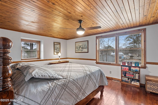 bedroom with hardwood / wood-style flooring, wooden ceiling, baseboards, and visible vents