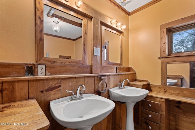 bathroom with ornamental molding and two sinks