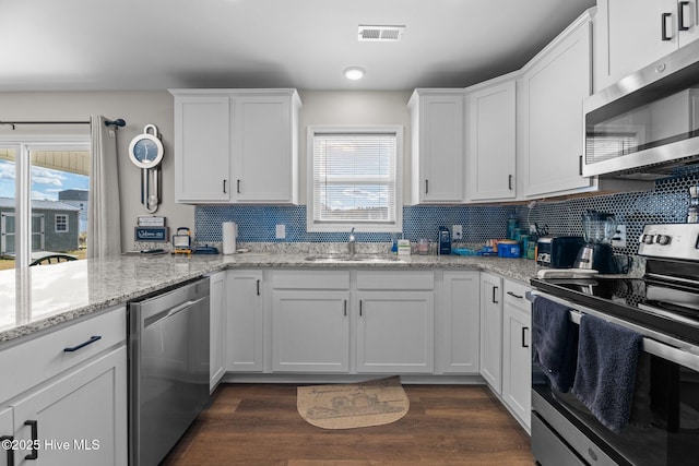 kitchen with dark hardwood / wood-style floors, sink, light stone countertops, appliances with stainless steel finishes, and white cabinets