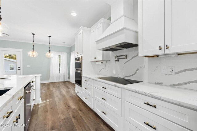 kitchen with pendant lighting, custom exhaust hood, decorative backsplash, stainless steel appliances, and white cabinets