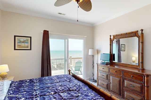 bedroom with ceiling fan, ornamental molding, and access to outside