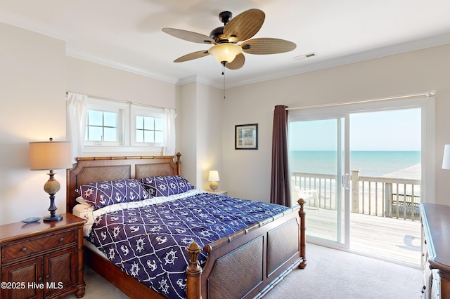 1280 New River Inlet Rd, North Topsail Beach, NC 28460 - bedroom featuring access to outside, crown molding, carpet flooring, a ceiling fan, and a water view