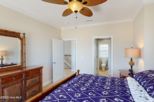 bedroom featuring ceiling fan, light colored carpet, ornamental molding, and connected bathroom