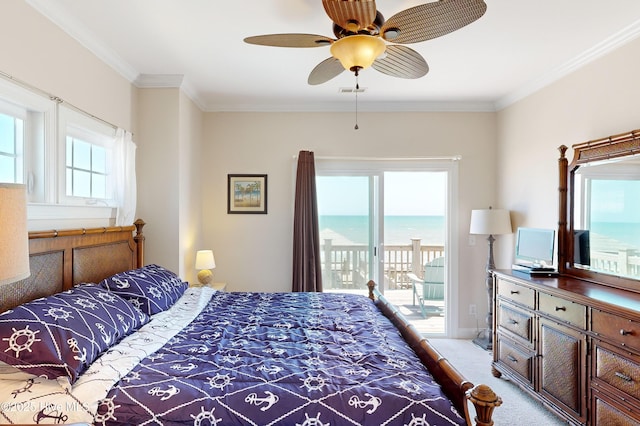 1280 New River Inlet Rd, North Topsail Beach, NC 28460 - carpeted bedroom with access to outside, crown molding, and ceiling fan