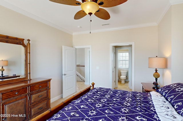 1280 New River Inlet Rd, North Topsail Beach, NC 28460 - bedroom with crown molding, ensuite bathroom, and ceiling fan