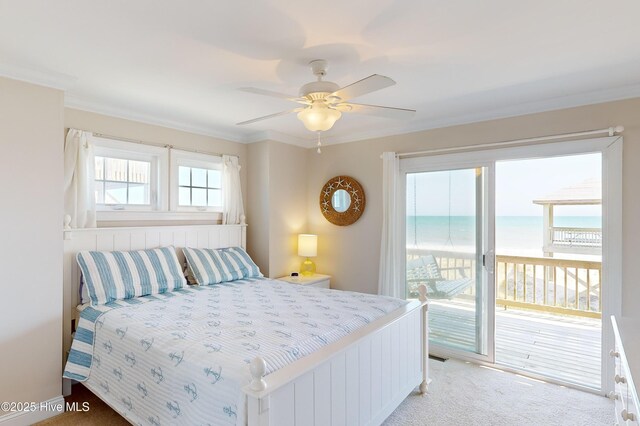 1280 New River Inlet Rd, North Topsail Beach, NC 28460 - bedroom with access to outside, crown molding, light colored carpet, a water view, and a ceiling fan