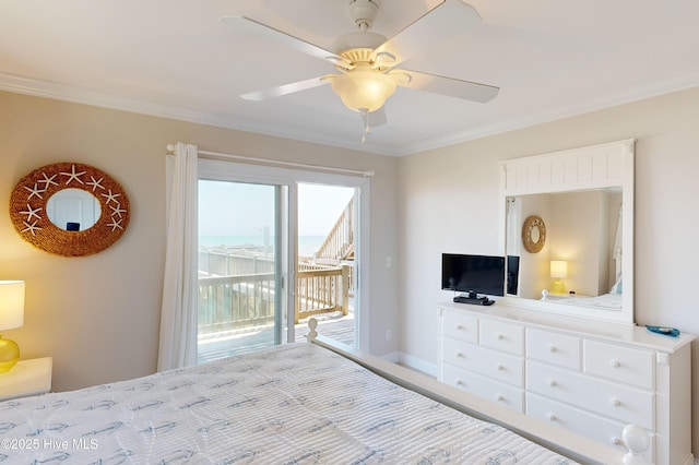 1280 New River Inlet Rd, North Topsail Beach, NC 28460 - bedroom featuring access to exterior, crown molding, and a ceiling fan