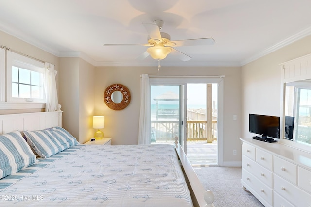 1280 New River Inlet Rd, North Topsail Beach, NC 28460 - bedroom featuring access to outside, light colored carpet, crown molding, and a ceiling fan