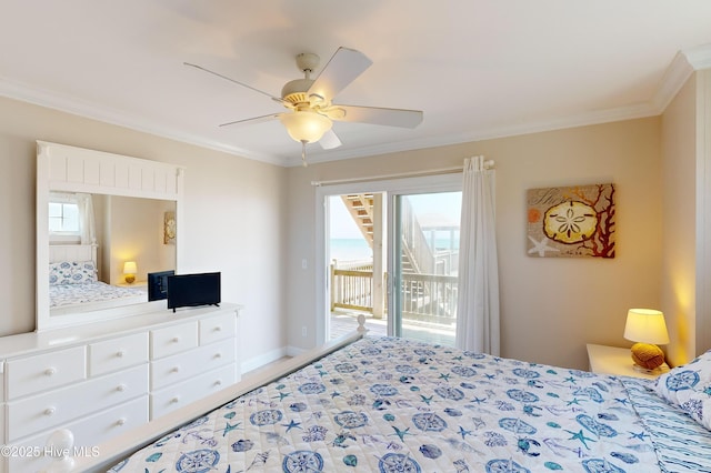 1280 New River Inlet Rd, North Topsail Beach, NC 28460 - bedroom with access to outside, ornamental molding, a ceiling fan, and wood finished floors