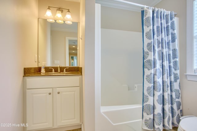1280 New River Inlet Rd, North Topsail Beach, NC 28460 - bathroom with ornamental molding, vanity, and shower / tub combo with curtain