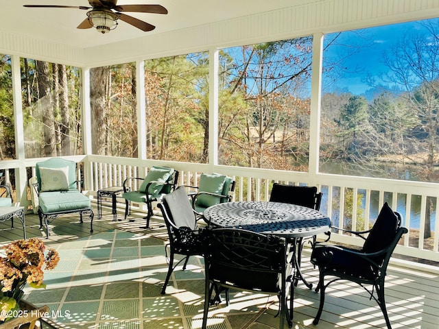 sunroom / solarium featuring a healthy amount of sunlight and ceiling fan