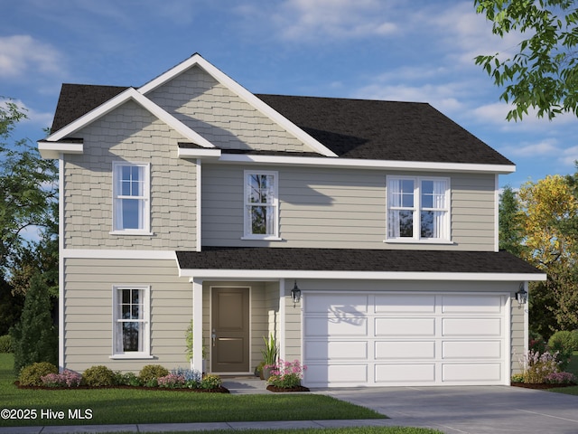 view of front facade featuring a front lawn and a garage