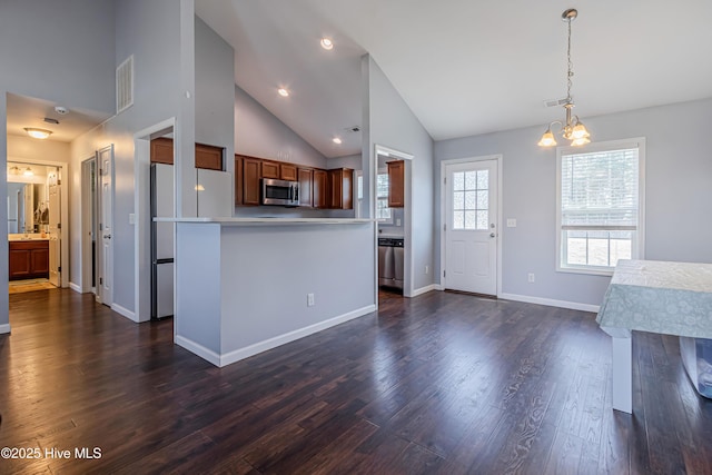 kitchen featuring appliances with stainless steel finishes, high vaulted ceiling, dark hardwood / wood-style flooring, decorative light fixtures, and a chandelier