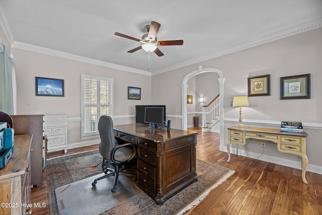 office featuring ornate columns, crown molding, hardwood / wood-style floors, and ceiling fan