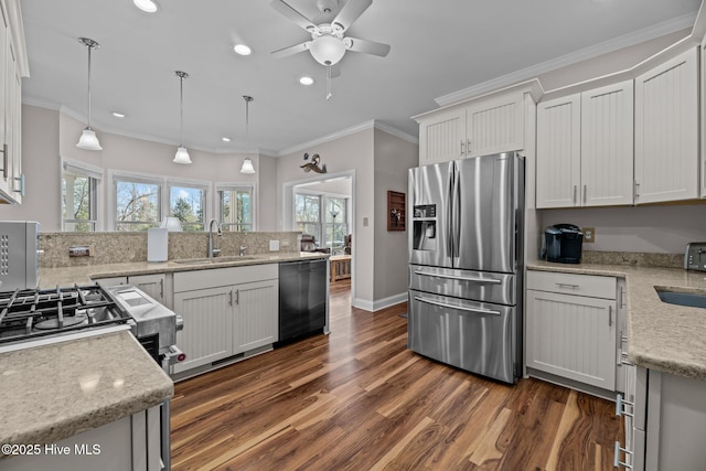 kitchen featuring black dishwasher, sink, white cabinets, ornamental molding, and stainless steel fridge with ice dispenser