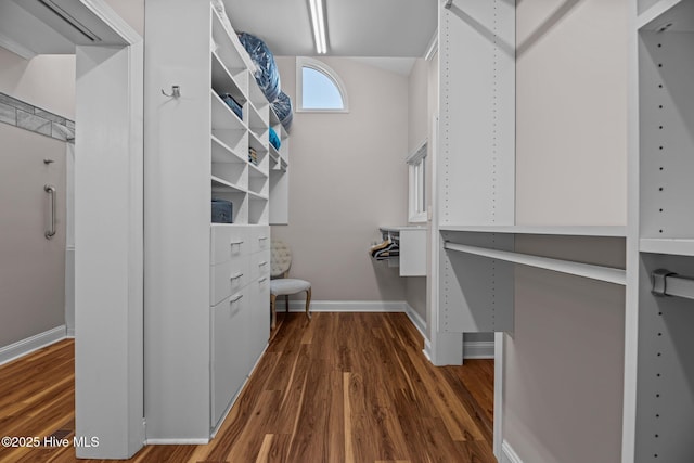 walk in closet with dark hardwood / wood-style floors