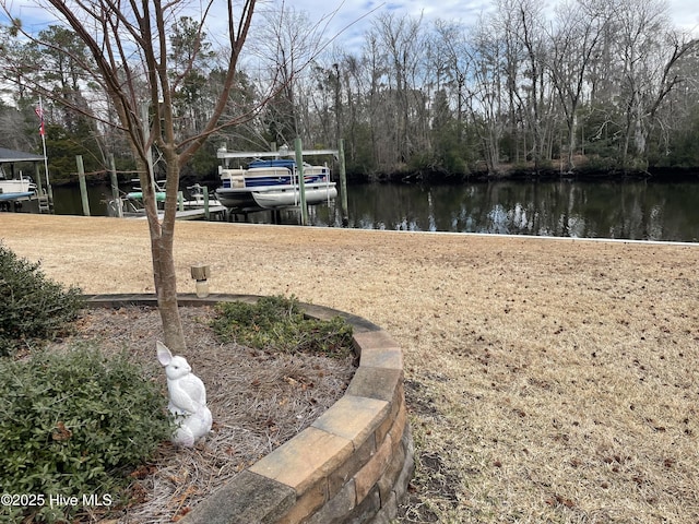 view of yard featuring a water view and a dock