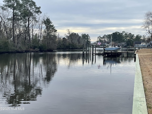 view of water feature with a dock