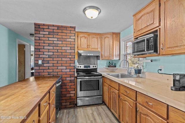 kitchen with light hardwood / wood-style floors, sink, butcher block counters, and stainless steel appliances