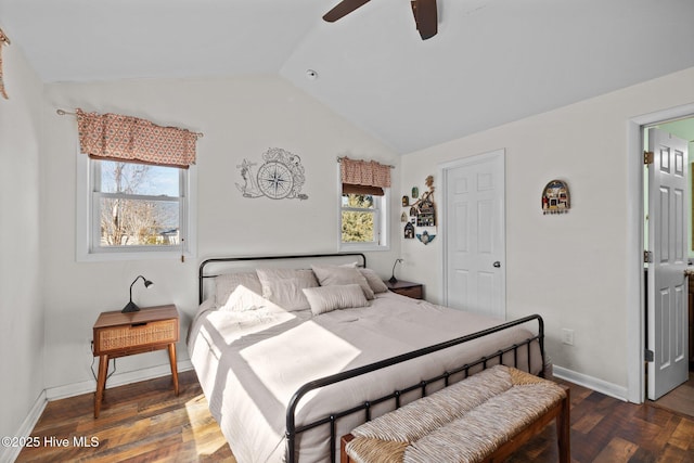 bedroom featuring vaulted ceiling, ceiling fan, and dark hardwood / wood-style flooring