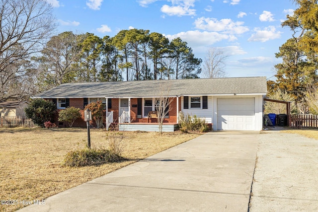 single story home featuring a garage and a porch