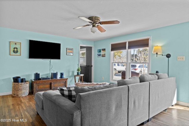 living room with hardwood / wood-style flooring and ceiling fan