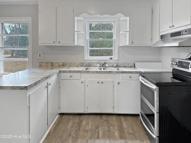 kitchen featuring sink, white cabinets, kitchen peninsula, a healthy amount of sunlight, and double oven range