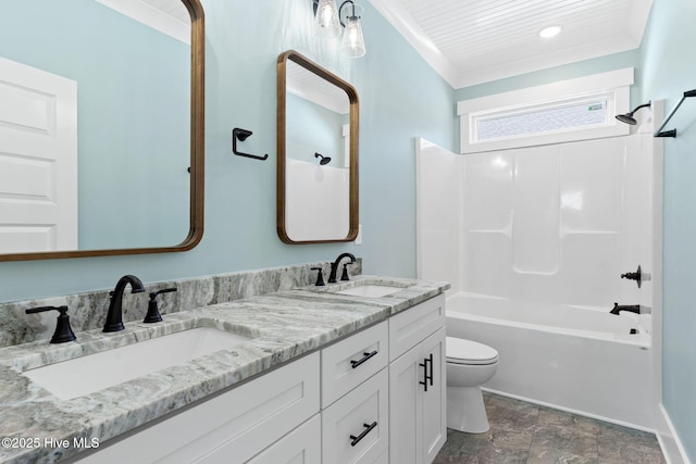 full bathroom featuring shower / bathing tub combination, crown molding, vanity, and toilet