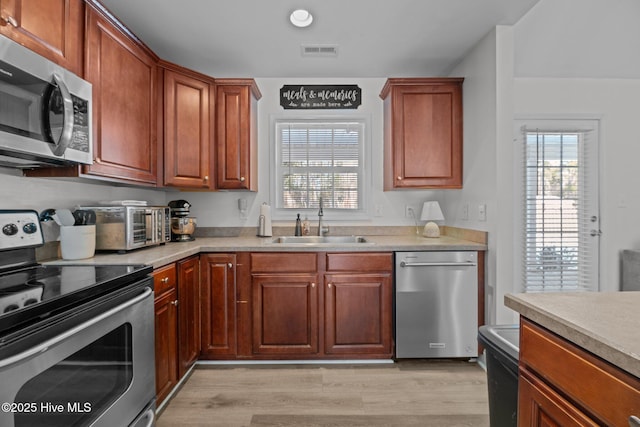 kitchen with stainless steel appliances, sink, and light hardwood / wood-style floors