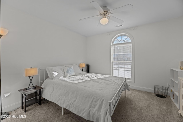 bedroom featuring dark carpet and ceiling fan