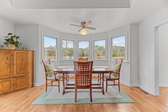 dining area featuring ceiling fan, plenty of natural light, and light hardwood / wood-style flooring