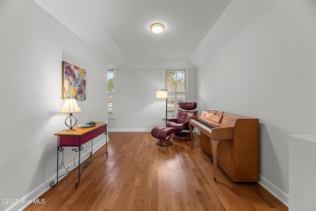 living area featuring hardwood / wood-style floors and vaulted ceiling