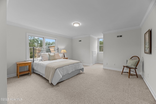 bedroom featuring ornamental molding and light carpet