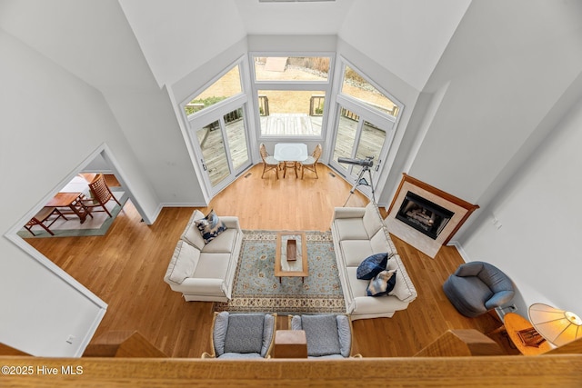 living room with high vaulted ceiling and hardwood / wood-style flooring