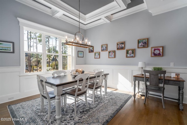 dining space featuring crown molding, plenty of natural light, coffered ceiling, and dark hardwood / wood-style flooring