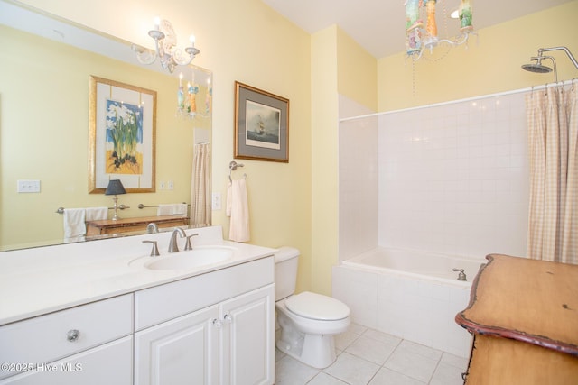 full bathroom featuring shower / bathtub combination with curtain, tile patterned floors, vanity, toilet, and a chandelier