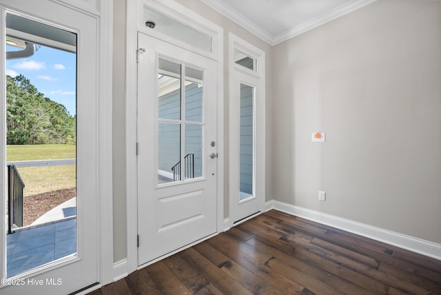 doorway to outside with crown molding, dark hardwood / wood-style flooring, and plenty of natural light