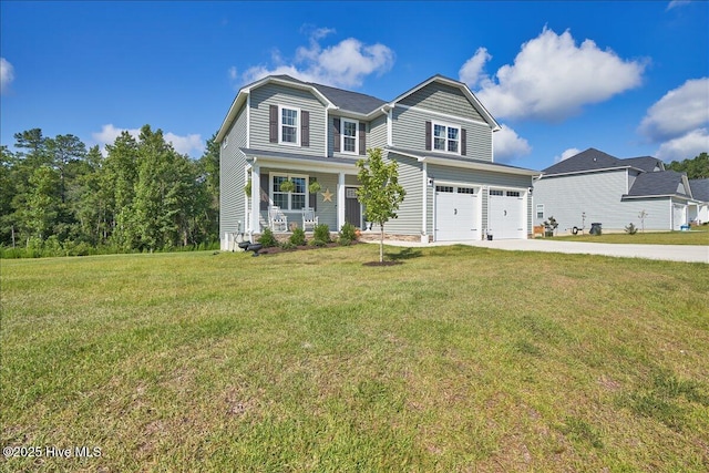 view of front of property with a front yard, a porch, and a garage